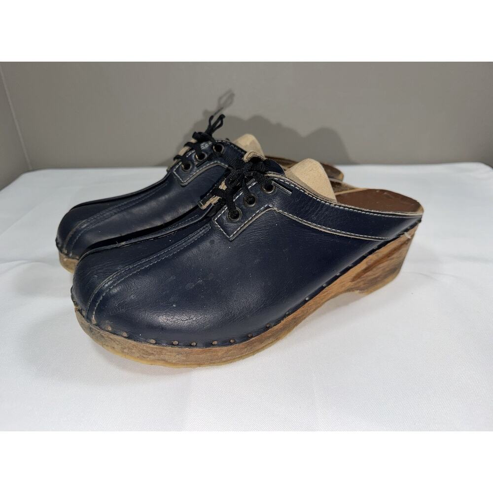 Bastad Toffeln Clog Women EU 43 Leather Wooden Mule Lace Up Slip On Casual Blue